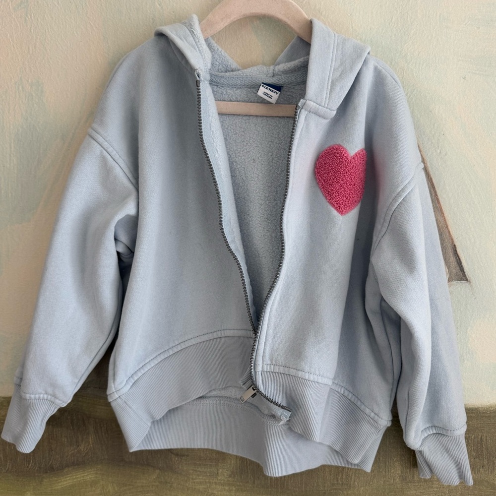 OLD NAVY Light Blue Felted Heart Zip Hoodie Size 5 - Picture 2 of 5